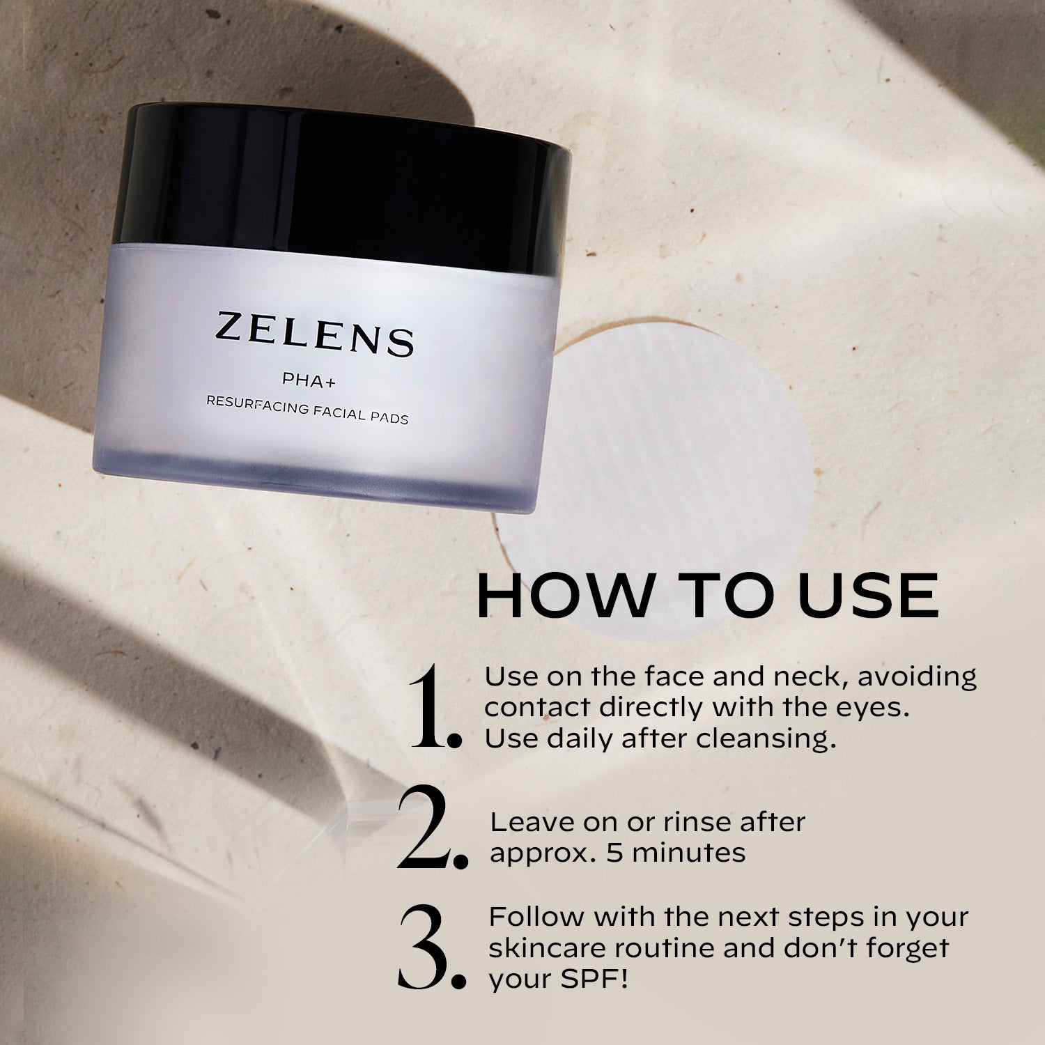 Zelens PHA+ Resurfacing Facial Pads packaging with usage instructions on a neutral background