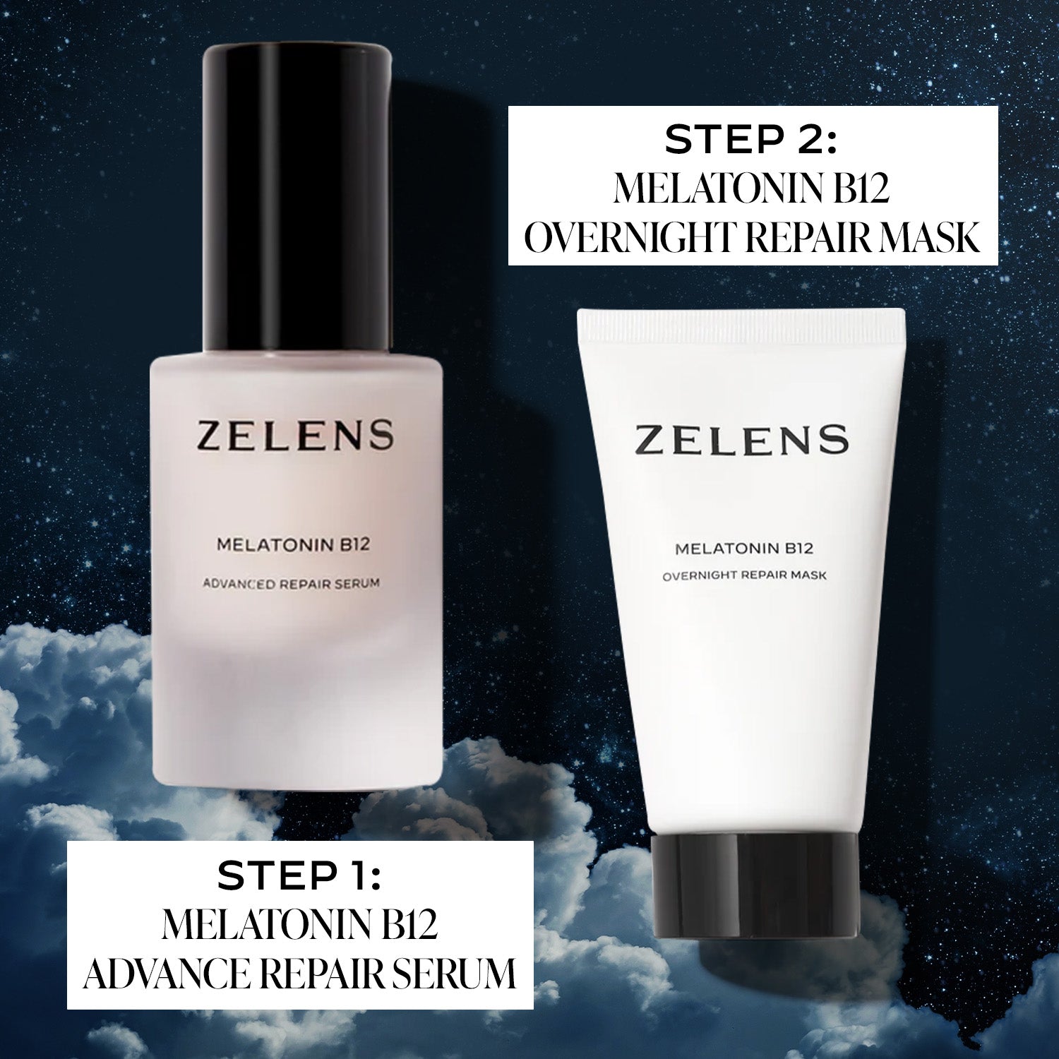ZELENS skincare products with step-by-step instructions on a starry night sky background