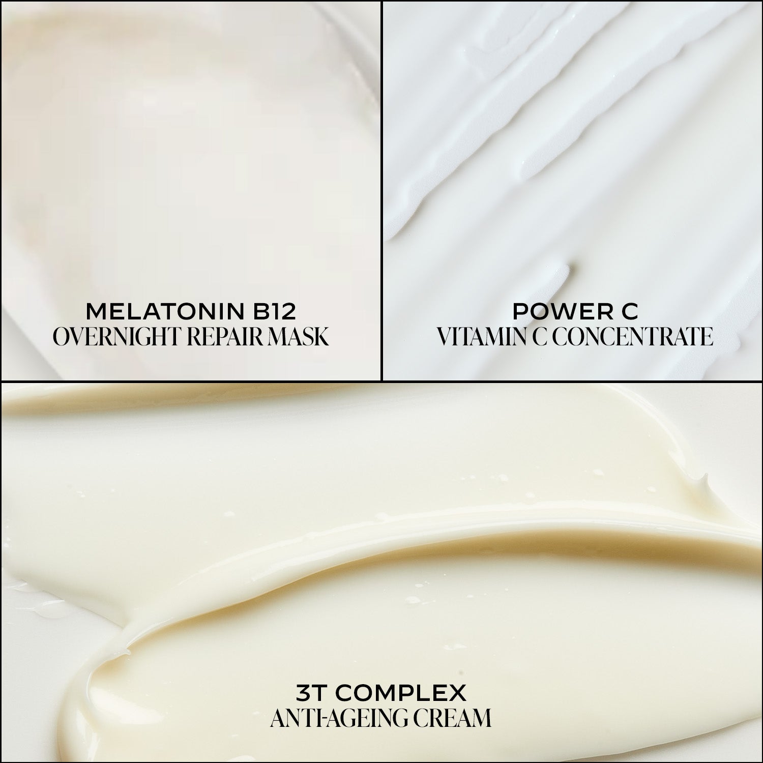 Collage of skincare products with labels for Melatonin B12, Power C, and 3T Complex.