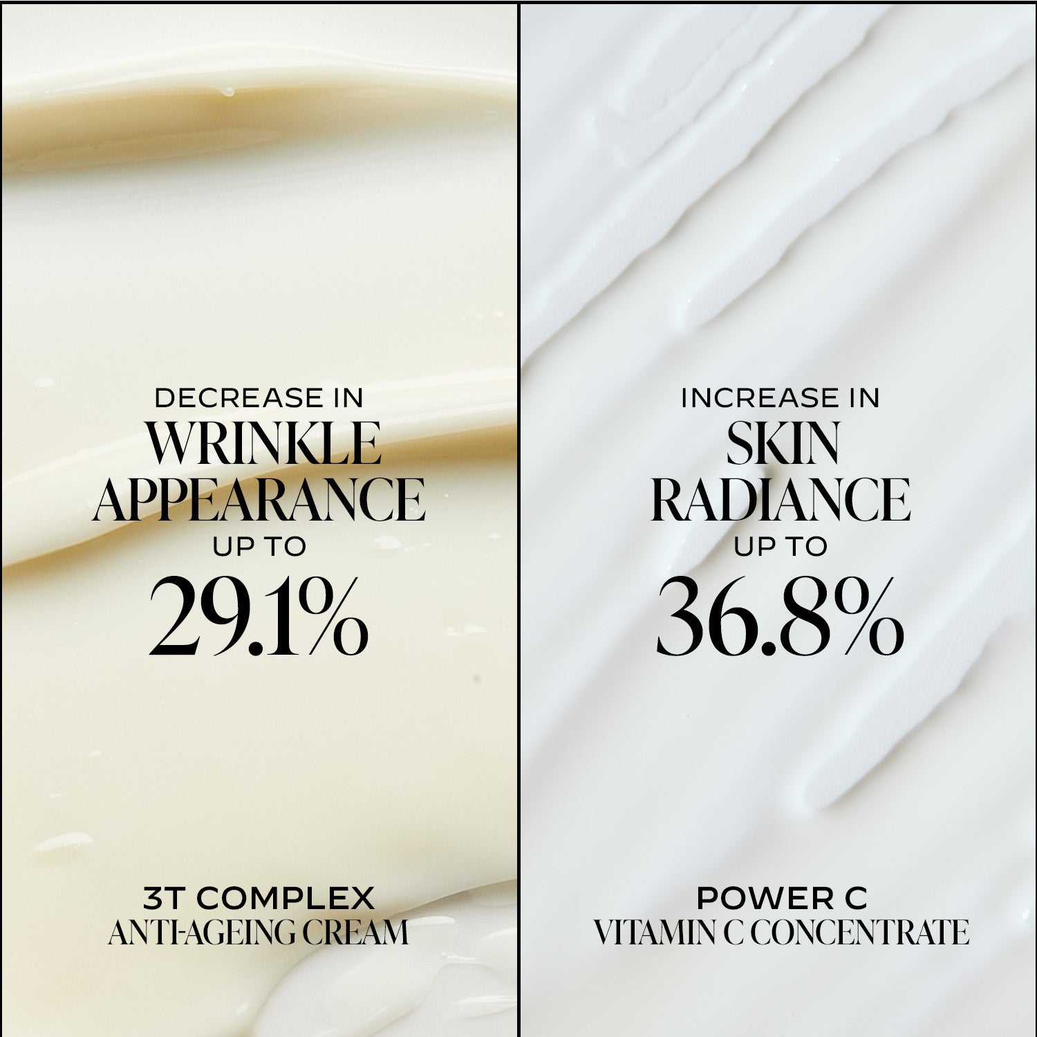 Advertisement for skincare products with text on wrinkle appearance and skin radiance.