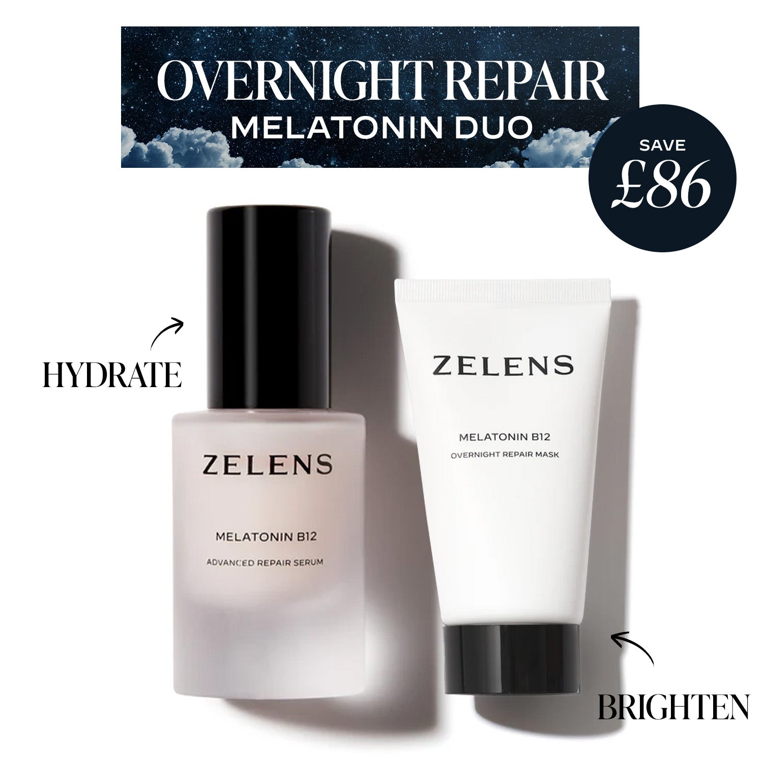 Zelens overnight repair melatonin duo with serum and mask on a white background