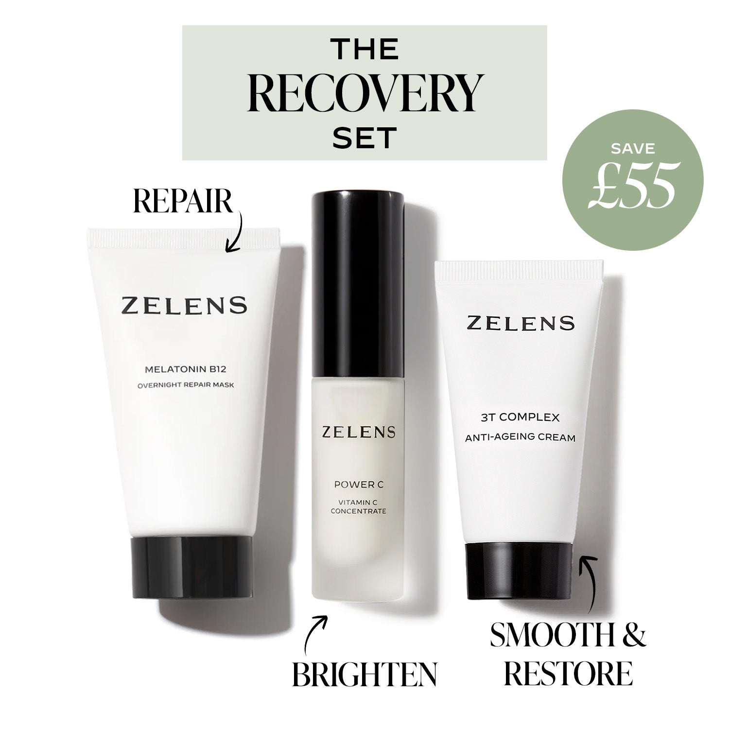 Zelens skincare recovery set with three products on a white background