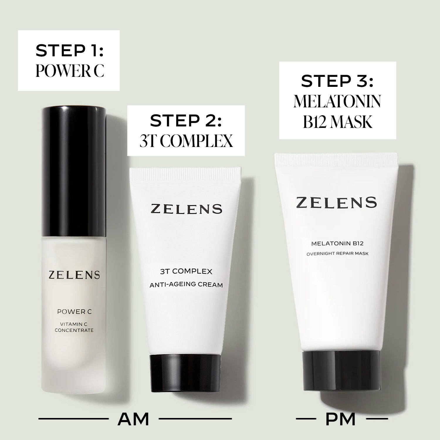Zelens skincare products with step-by-step instructions on a light gray background