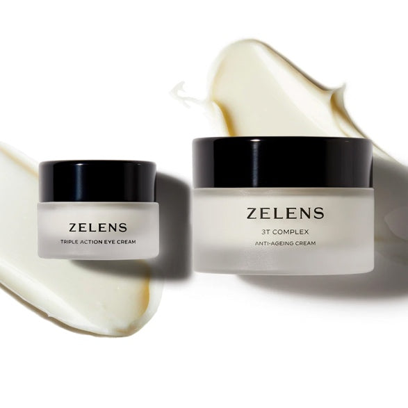 Two ZELENS skincare products: a small Triple Action Eye Cream jar and a larger 3T Complex Anti-Ageing Cream jar on a light background with cream swatches.